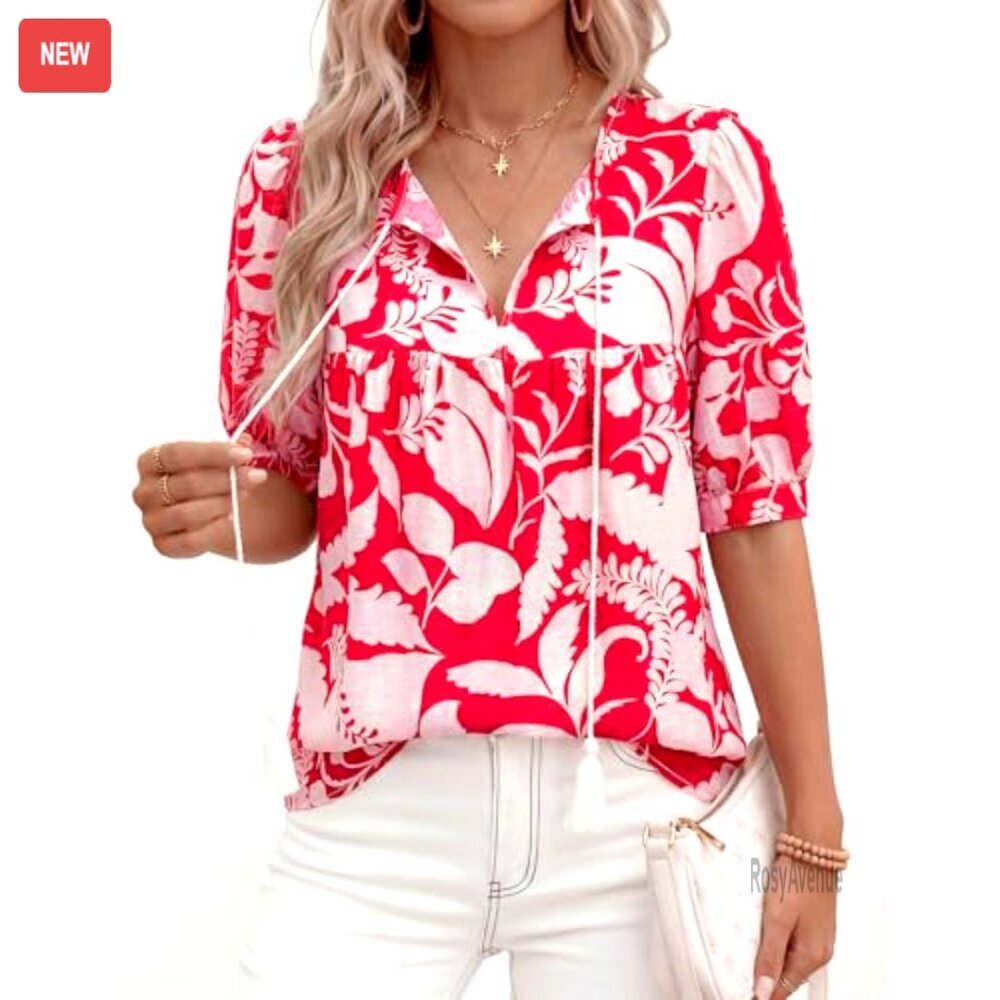 Boho Puff Sleeve Blouse Tie Front V Neck Casual Summer Top - Picture 5 of 7